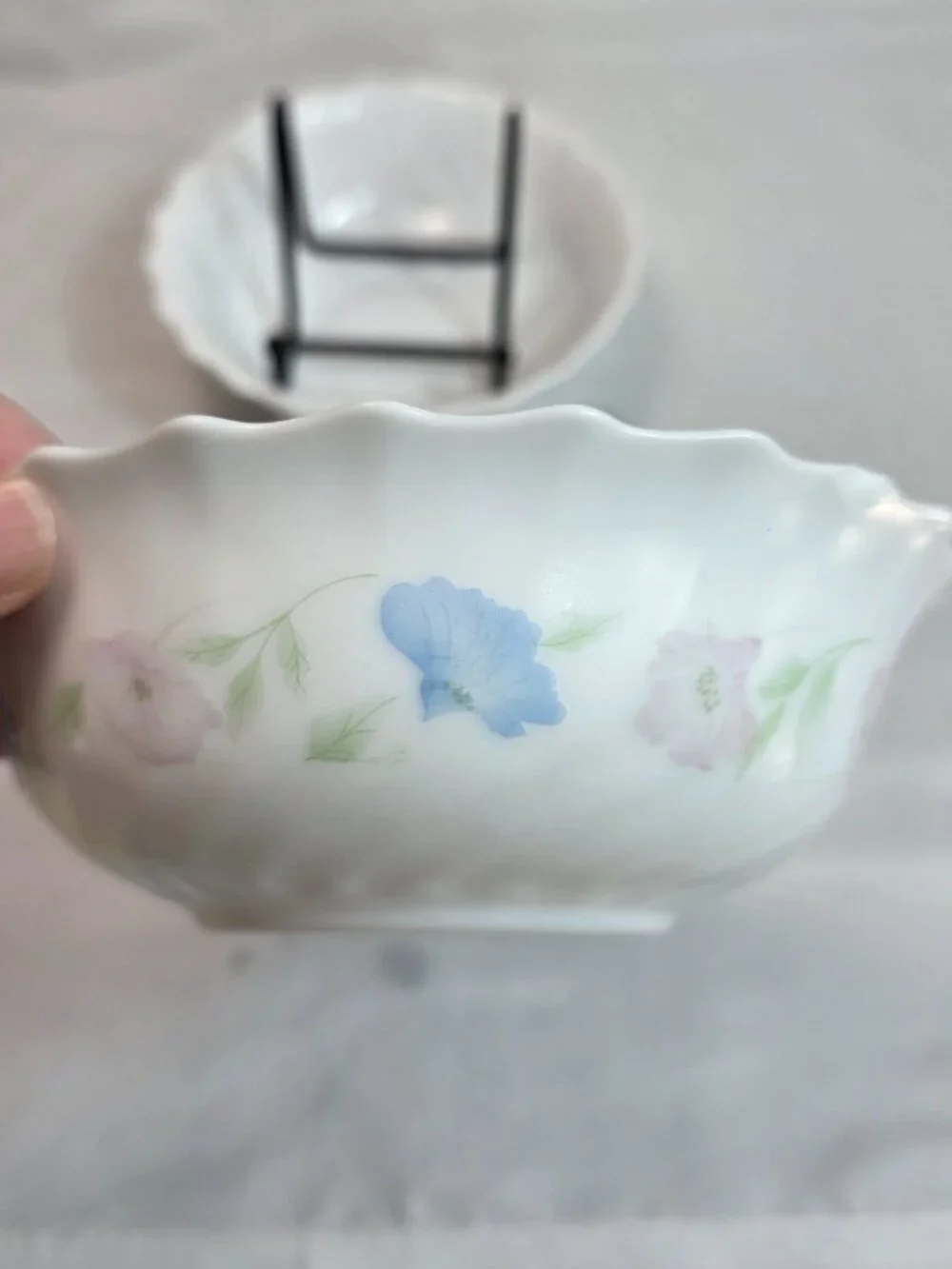 TWO Arcopal France Chloe Cereal Bowls White with Pink & Blue Flowers Scalloped